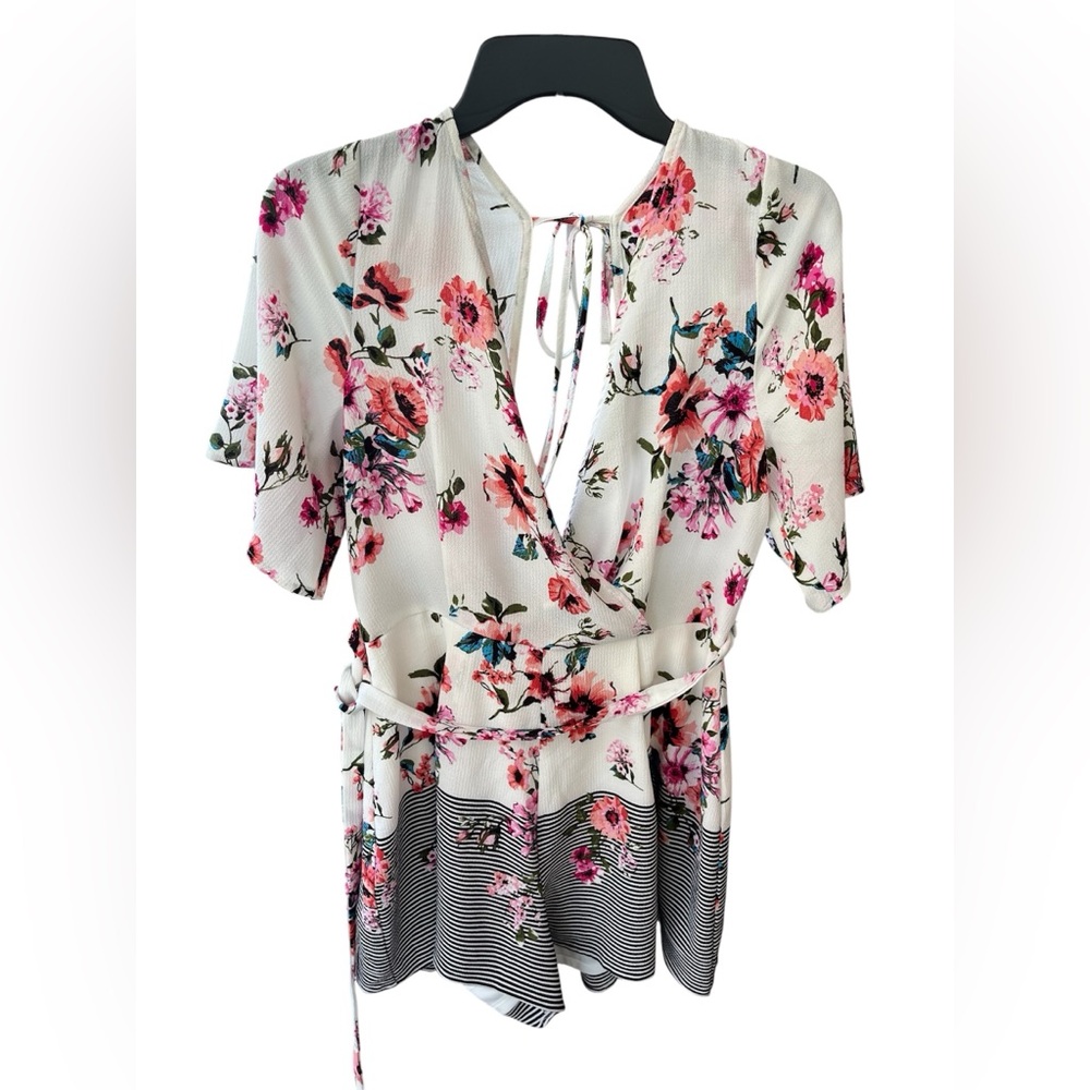 Blue Rain Floral Striped ROMPER WITH BELT
